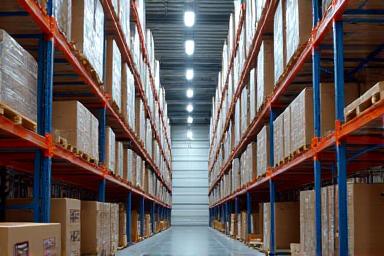 Interior of organized warehouse shelving