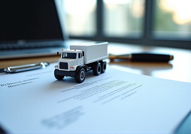 Legal documents and a model truck on a polished desk