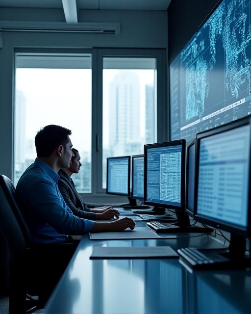 Modern logistics dispatch center with professional coordinators and digital tracking screens
